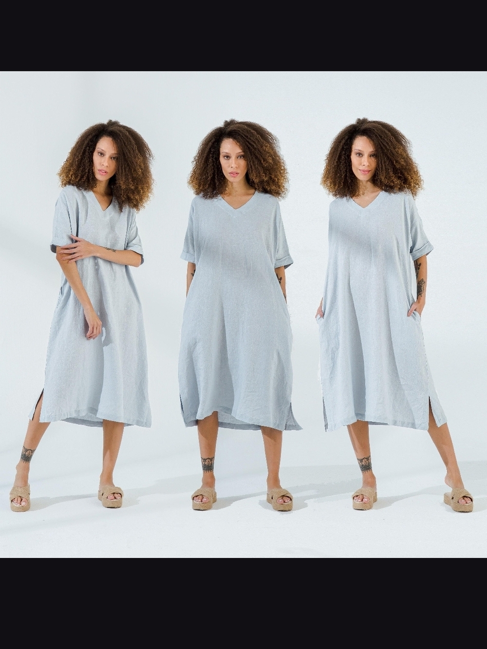 Linenia V-Neck Linen Tunic Dress, Medium
